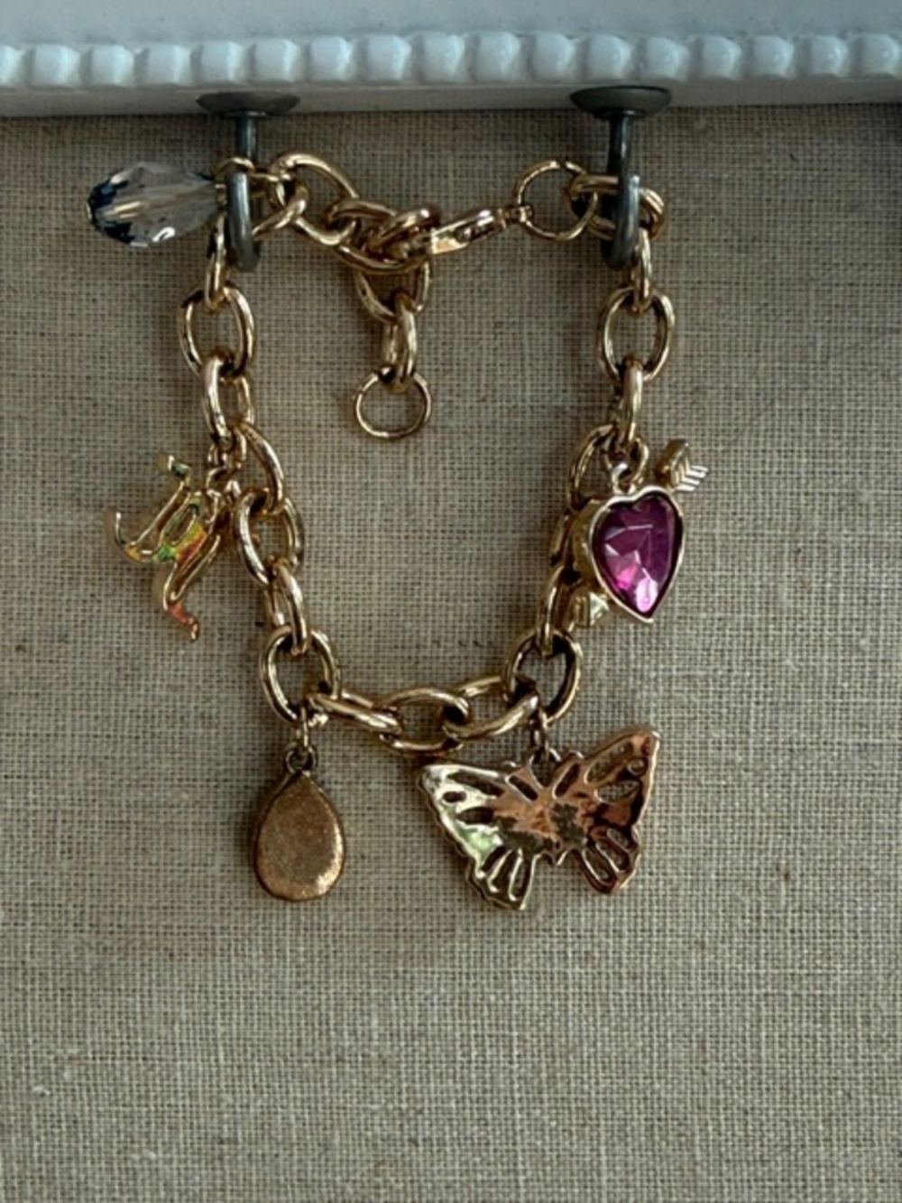 Turandoss Gold Charm Bracelet Pink Heart Butterfly Clear Crystal Letter M